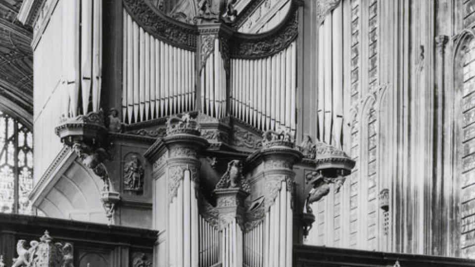 Photograph of the organ pipes and part of the screen, taken by Edward Leigh for Country Life. (KCC/614)